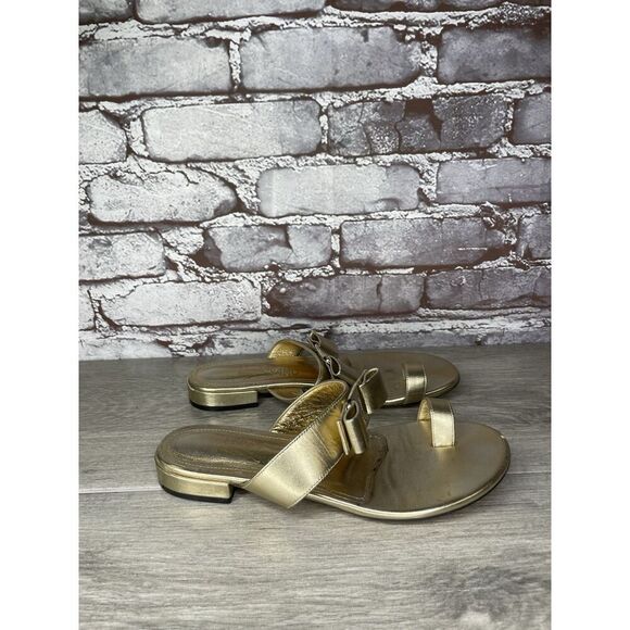 Salvatore Ferragamo Gold Leather Bow Slides Flat Sandals Women’s Sz 5.5M US/36EU - Picture 13 of 16